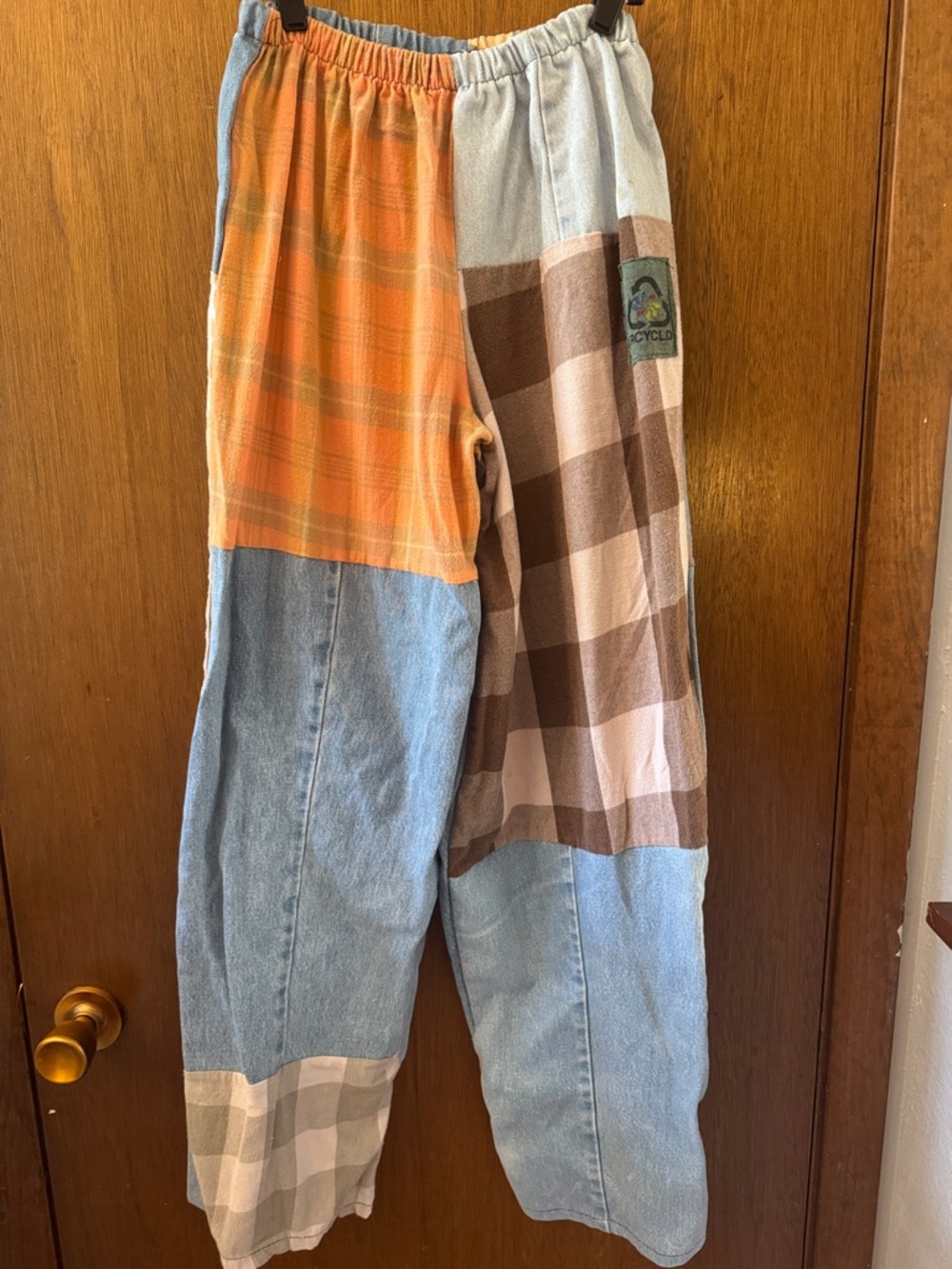 Patchwork Wide-Leg Jeans with Orange & Brown Plaid Panels